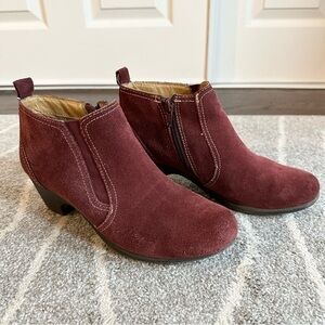 SoftSpots Burgundy Suede Leather Ankle Booties with Small Heel